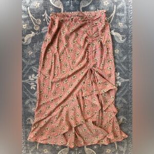 Max Studio Pink Floral Midi Skirt With adjustable ruched ruffle